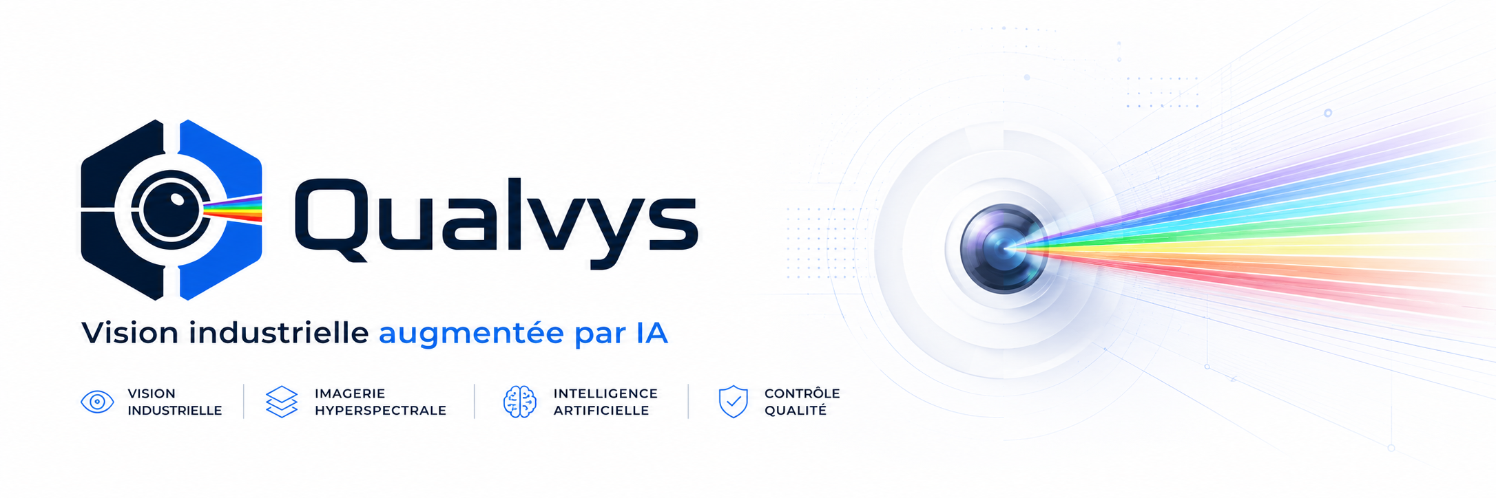 Bannière QualVys présentant la vision industrielle augmentée par IA avec imagerie hyperspectrale et contrôle qualité.